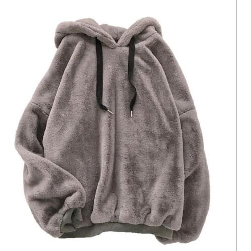 Autumn Winter Women Soild Sweet Fleece Flannel Hooded Coat Harajuku Loose Casual Warm Hoodies Ladies Pullover Female Sweatshirt