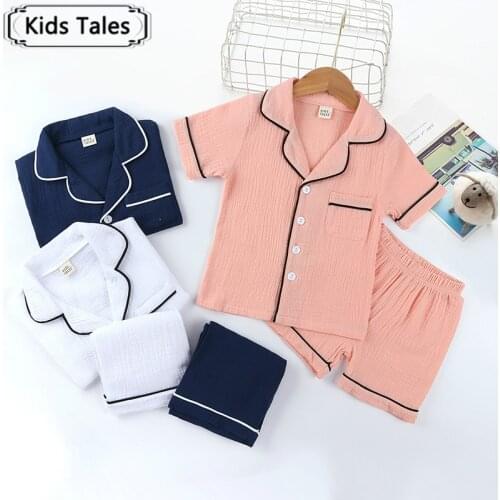 Kids Pajama Sets for Boys Girls 3-8T pure color cotton linen Outfits Set Short Sleeve Blouse Tops+Shorts Sleepwear Pajamas Soft