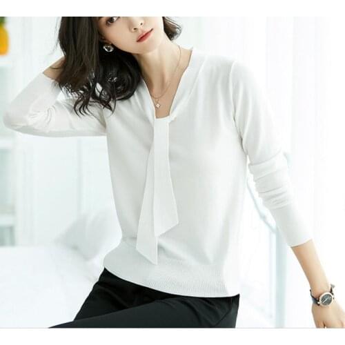 New tops womens knitting shirt V-neck long-sleeved shirt bow Korean floating bandwidth loose thin female pullover knit blouse