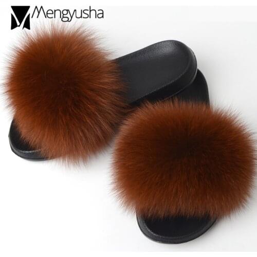 Famous designer fox fur sandals women mixed color pantufa real fur flip flops big size 45 fur slipper women muffin slides c406
