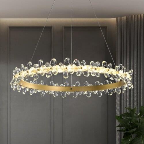 Modern Light Luxury Crystal Flower LED Chandelier Nordic Round Living Room Restaurant Bedroom Study Simple Hanging Lamp Lighting