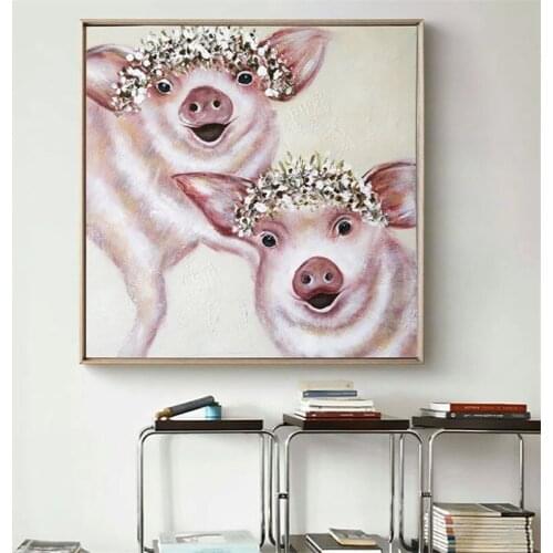 Modern Cartoon Art Hand Painted Canvas Oil Paintings Pig Painting Abstract Animal Wall Art Picture Kids Room Home Decor Unframed