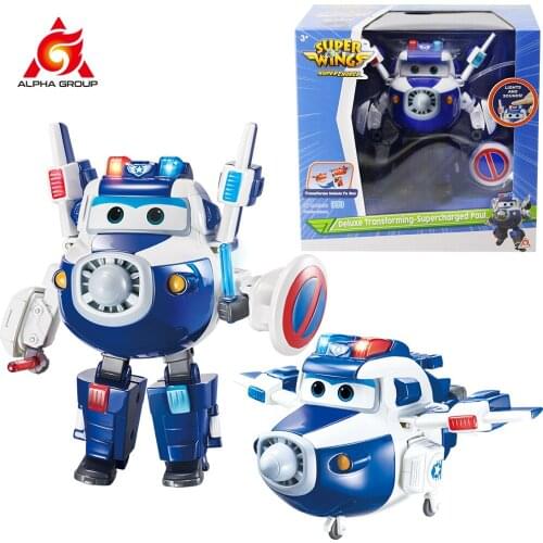 Super Wings 6’’ Supercharged Paul Deluxe Transforming With Police Shield Deformation Toys Robot Action Figures Plane With Sounds