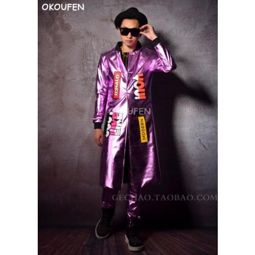 Super cool light pink PU leather long Jacket nightclub bar singer DJ DS performance outwear party Stage show dancewear