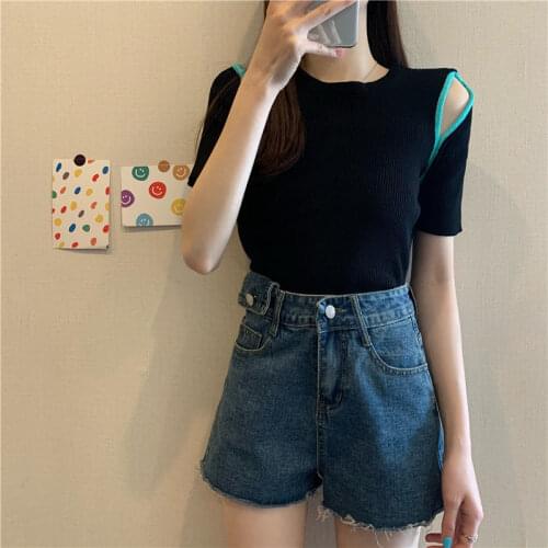 Woman TShirts Short-Sleeved Knitted Womens Summer 2021 Top Crop Top Mujer Camisetas