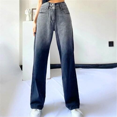 Gradient Jeans Women High Waist Straight Casual Denim Trousers Lady Blue And Gray Vintage Streetwear Wide Leg Pants 2021 Autumn
