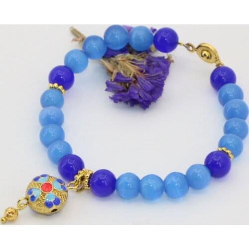 Hot sale free shipping 8mm unique cloisonne strand beaded blue cat eyes round beads bracelets for women jewelry 7.5inch B2730