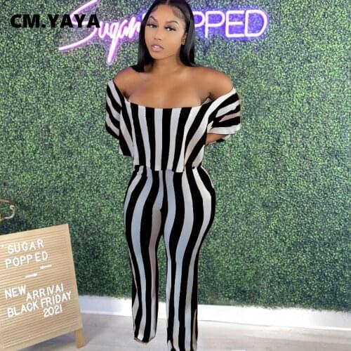 CM.YAYA Women Jumpsuit Striped Short Ruffles Sleeve Slash Neck Stretchy Flare Jumpsuits Casual Fashion Outfit Summer 2021