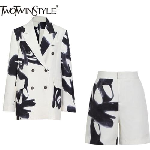 TWOTWINSTYLE Floral Print Two Piece Set For Women Notched Long Sleeve Blazer Wide Leg Shorts Colorblock Suits Female 2021 Summer
