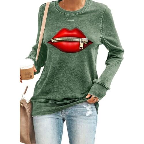 Streetwear Women Top 2020 Autumn and Winter New Fashion Lips with Printed Round Neck Long Sleeve Casual Loose Top