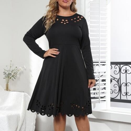 2021 Autumn Women Long Sleeve Dress Plus Size Elegant Hollow Out Knee Length Dress Black Casual Dresses