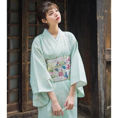 Womens Yukata Traditional Japan Kimono Robe Photography Dress Cosplay Costume light green Color trees Prints Vintage Clothin