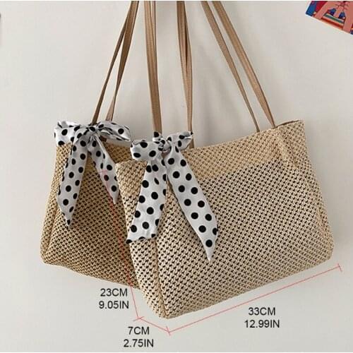 066F Fashionable Silk Scarf Straw Woven Womens Casual Shoulder Bag Large Capacity Travel Shopping Tote Bag for Ladies