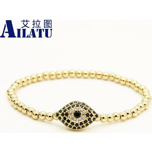 Ailatu Men Bracelet Black Cz Turkish Lucky Eye Beads Elastic Bracelets Wholesale 10pcs/lot Stainless Steel Beads Jewelry