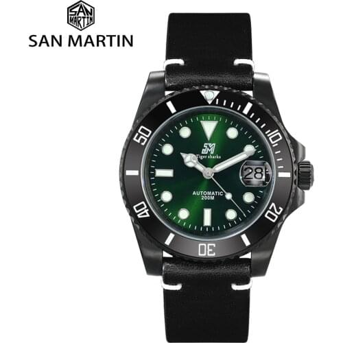 San Martin Sport Watches Ceramic Bezel Mens Mechanical Watch Sapphire Crystal SLN C1 Green Light Luminous Waterproof Watches