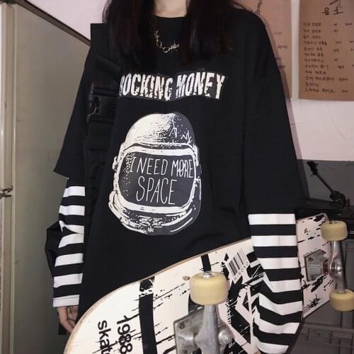 Autumn Fake two pieces tshirt Casual Letter Printed O-Neck stripe Tees Patchwork oversized T-Shirts Women Long Sleeve black tops