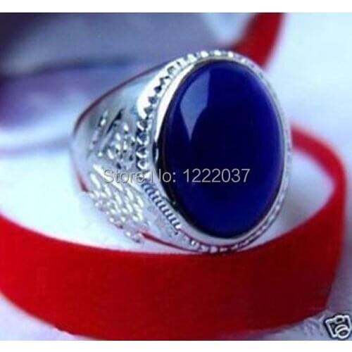 Hot Sale Jewelry Blue Ellipse stone Carved Pattern Silver color Ring size 8 9 10 11