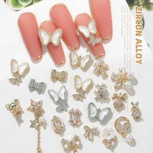 HNUIX 2Piece Butterfly Zircon Nail Decoration Jewelry Zircon Crystal Pearl Pendant Manicure High Quality Rhinestone Accessories