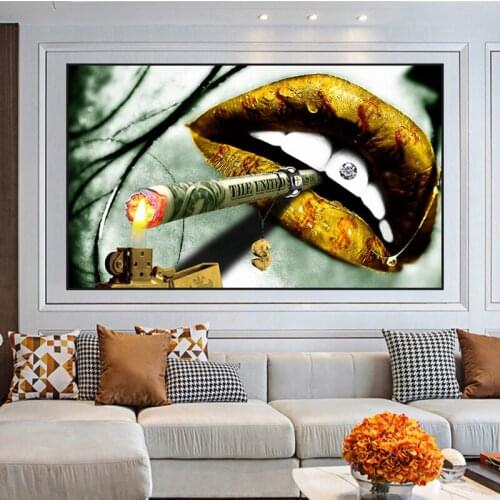 Sexy Golden Lips Smoking Art Canvas Painting Modular Modern Poster and Prints on The Wall Art Picture for Living Room Home Decor