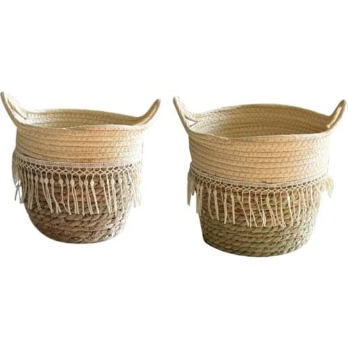 Straw Cotton Rope Basket,Woven Basket for Home Accent,Organizer,Basket for Plant,Nursery Laundry Hamper, Indoor Planter