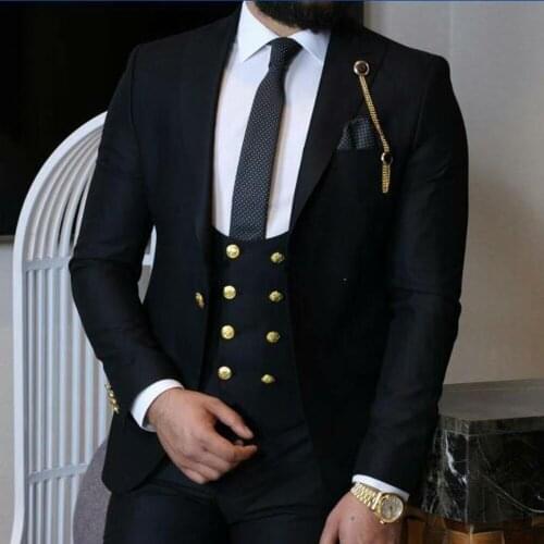 Spring/Autumn Tailor-Made Suits 3 Pieces Groom Wear Black Jackets+Double Breasted Vest+Pants Slim Fit Men Groom Wear Tuxedo 2022