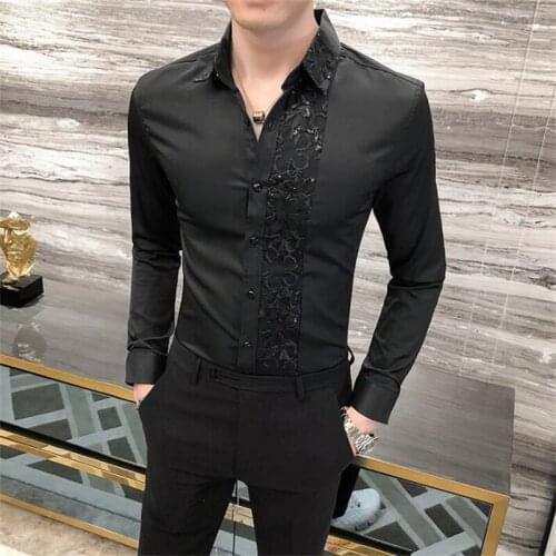 Lace stitching sequined shirt mens British nightclub host performance long-sleeved spring and autumn slim clothes black Рубашки