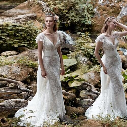 Summer V Neck Illusion Short Sleeves Lace Mermaid Wedding Dress 2021 Sexy Bridal Gowns America with Long Sash