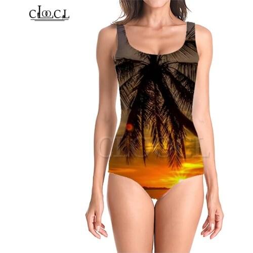 CLOOCL Sandy Beach Women Plant Palm Tree One-Piece 3D print Women Sleeveless Sexy Swimwear Summer Ladies Beach Swimsuits
