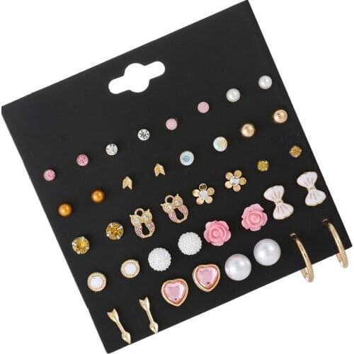 Korean Fashion Jewelry 20 Pairs of Imitate Pearl Set Earrings Women Alloy Owl Oil Heart-Shaped Earrings Wholesale