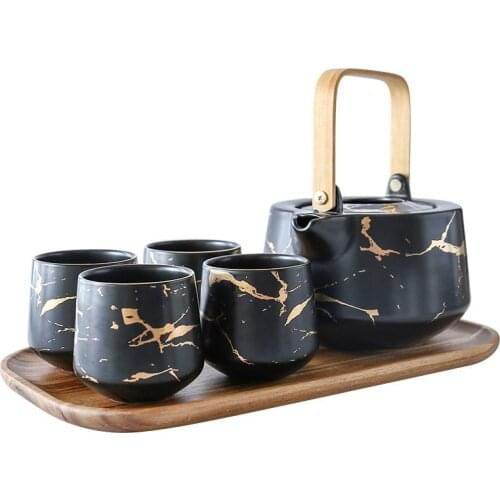 Marbling Household Tea Set Japanese-Style Black and White Ceramic Afternoon Tea Cup with Acacia Mangium Base Support Teapot