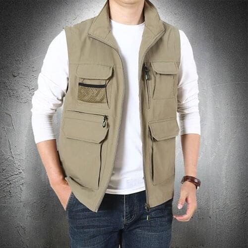 Men Outwear Fishing Wear Outdoor Vest Coat Male Clothing Men Summer Vest Jacket Multi Pockets Waistcoat VestsCollar Plus Size
