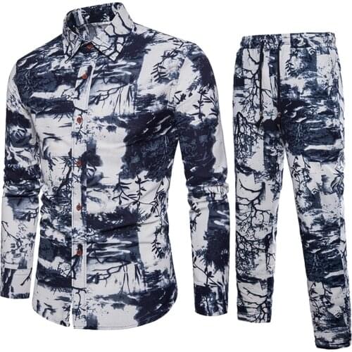 Mens Set 2021 spring Shirt + Trousers Two-piece Suite Fashion mens clothing autumn Casual Male Dress Plus Size M-5XL