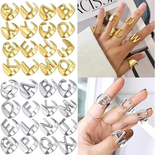Newest Hollow A-Z Letter Rings Metal Adjustable Opening Ring Initials Name Alphabet Jewelry Female Fashion Party Finger Gifts