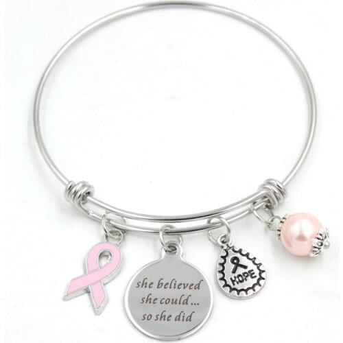 New Arrival Breast Cancer Awareness Bracelet Expandble Stainless Steel Bangle Jewelry for Women Pulsera