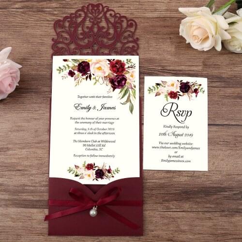50pcs Burgundy New Arrival Horizontal Laser Cut Wedding Invitations with pearl ribbon,RSVP card,Customizable