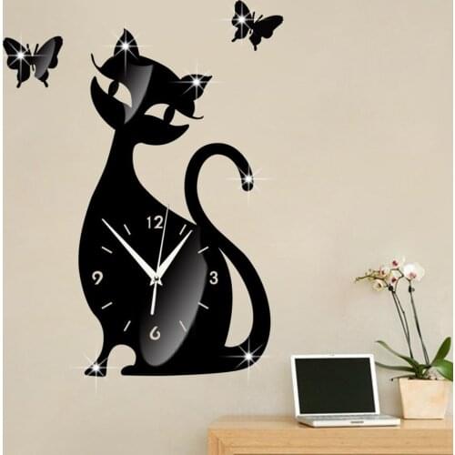 Reloj pared decorativo Kawaii Butterfly Cat wall sticker clock Mirror Black Wall clock modern design Clocks wall home decor
