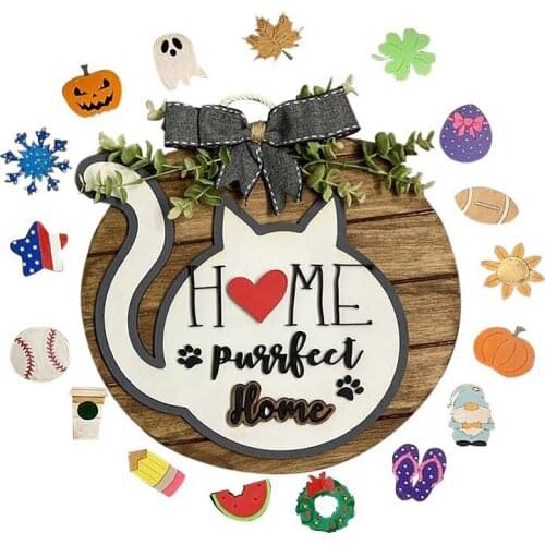 Christmas Halloween Home Door Hanging Garland cat shape DIY Replaceable Pattern Wooden Cross-Border Bowknot Welcome Door Plate