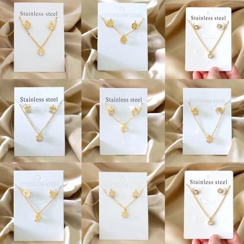 Simple Round Cubic Zirconia Pendant Necklace Earrings Set Korean Style Stainless Steel Jewelry Set for Women Girl Party Gift