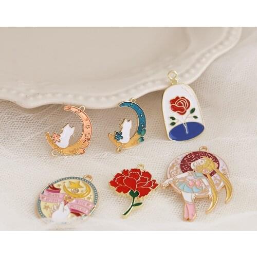 6pcs 2020 New Cute Ladies Earrings Girl cartoon magic sakura rose flower cat moon Pendant Sweet jewelry accessories materials