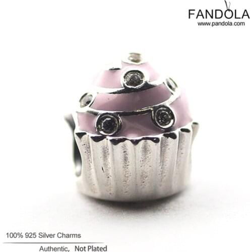 Authentic 925 Sterling Silver Pink Enamel Sweet Cupcake Charms Fit Original Bracelet DIY Beads Jewelry Making berloques