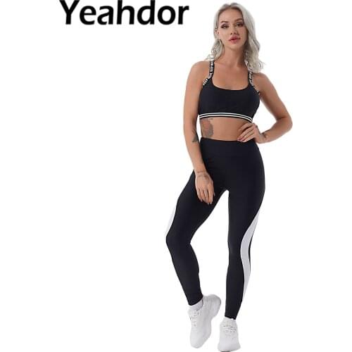 Gym Yoga Workout Sportswear Women Letters Printed Crisscross at Rear Open Back Removable Bust Pads Sport Bras Tops and Pants Set