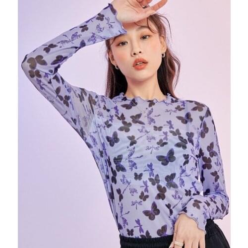 Thin Summer Womens Long Sleeve Tees Sunscreen Clothing Ruffles Butterfly Print Elastics Gauze Transparent Violet Korean Fashion