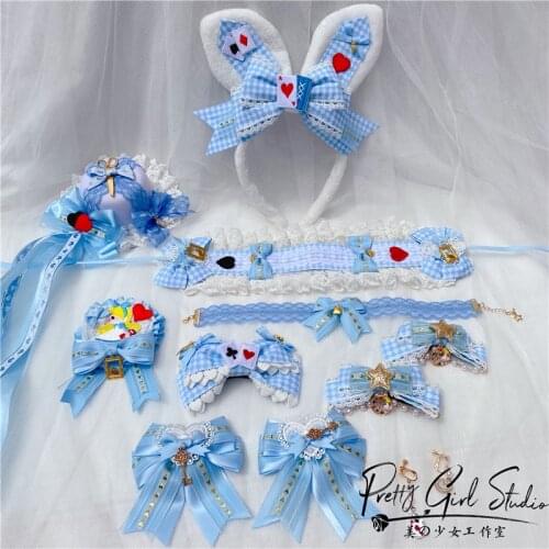 Anime Alice Cosplay Skyblue Lattice JSK OP Dress Hairpin KC Hair Ornaments Sweet lolita Girl Cute Bow Lace Hairband Side Clip