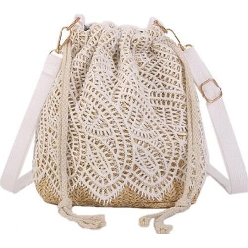 E+ Girl Women Straw Shoulder Sling Summer Bags Lace Flower Lady Style 2019 Beach Knitted Woven Handbag Rattan Mini Bag Bucket