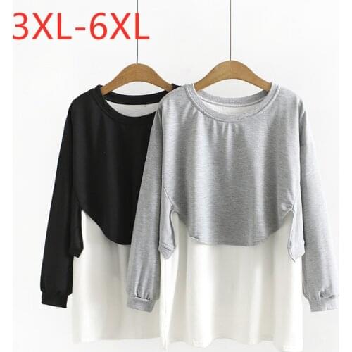 New 2021 Ladies Spring Autumn Plus Size Tops For Women Large Long Sleeve Slim Elastic Cotton Black Gray T-shirt 3XL 4XL 5XL 6XL