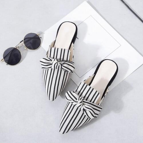 Summer 2020 Womens Slippers Ladies Elegant Pointed Toe Bowtie Woman Stripes Low Heels Women Shoes Fashion Female Mules New