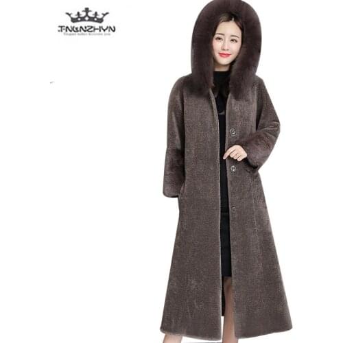 Sheep Sheared Coat Female 2019 Winter Luxury Fox Fur collar Hooded Long Mink Fur Fur Coat Plus size Warm Women Coat Jacket Parka