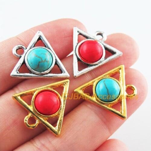 12Pcs Retro Gold Color Tibetan Silver Tone Triangle Blue&Red Stone Charms Pendants 19.5x21mm