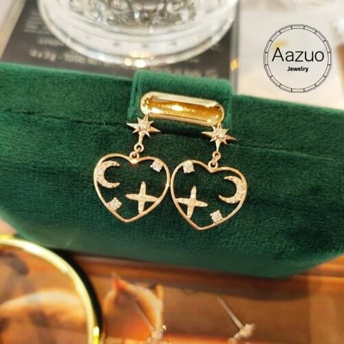 Aazuo INS 18K Original Rose Gold Real Diamonds Fairy Moon & Star Heart Shape Stud Earring Gift for Woman Engagement Party