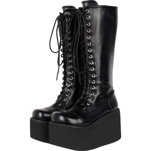 Angelic imprint Women motorcycle cool punk boots lady lolita shoes woman high heels pumps wedges heel lace up 33-47 10cm 9610